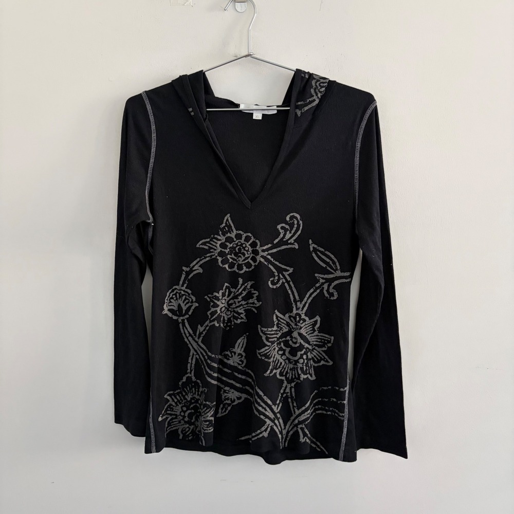 Karen by Karen Kane Black Floral Graphic Ribbed Hoodie XL